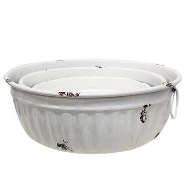 3/Set, Distressed White Metal Bowls w/Handles - The Fox Decor